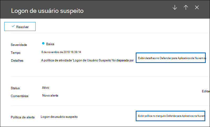 Os detalhes do alerta contêm ligações para o portal do Defender para Cloud Apps.