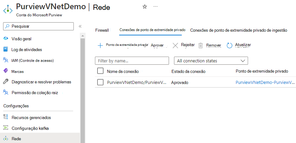 Captura de ecrã que mostra como aprovar um ponto final privado gerido para o Microsoft Purview