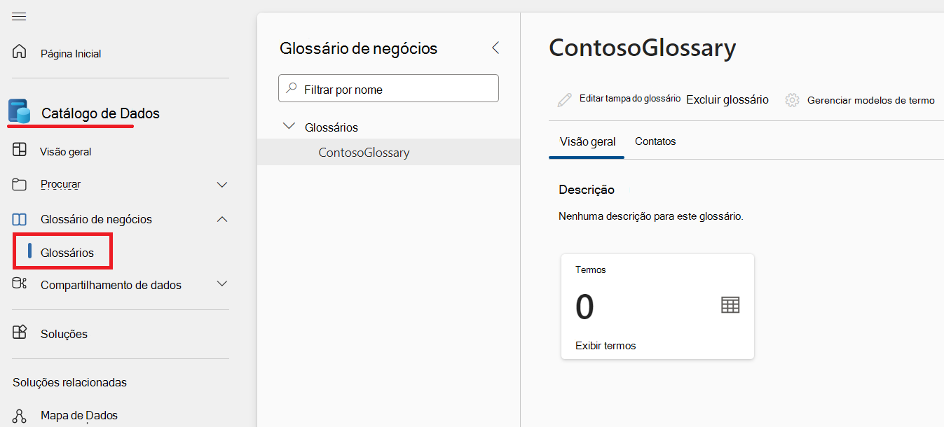 Captura de ecrã da página Catálogo de Dados no portal do Microsoft Purview