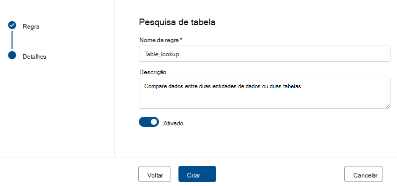 Captura de ecrã do menu para criar uma regra de pesquisa de tabela.