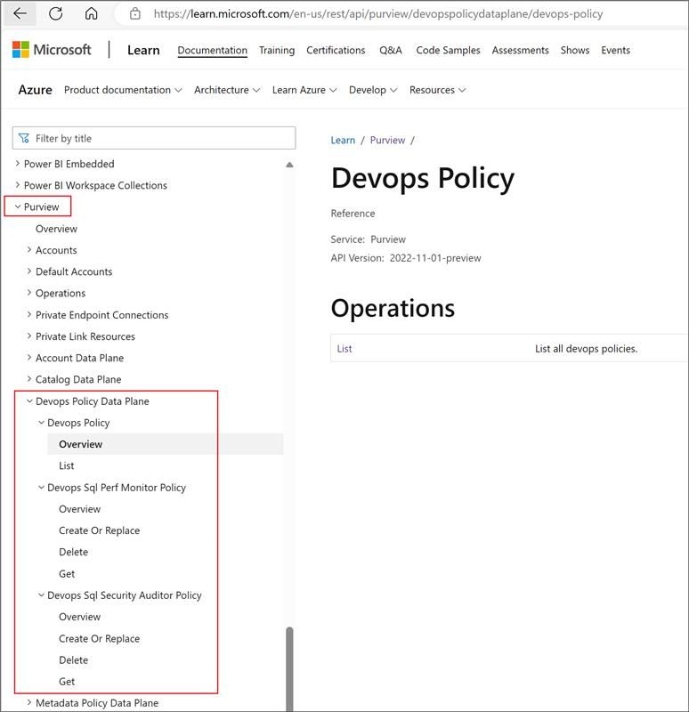 Captura de ecrã que mostra onde encontrar a API de DevOps no menu da API REST do Azure.