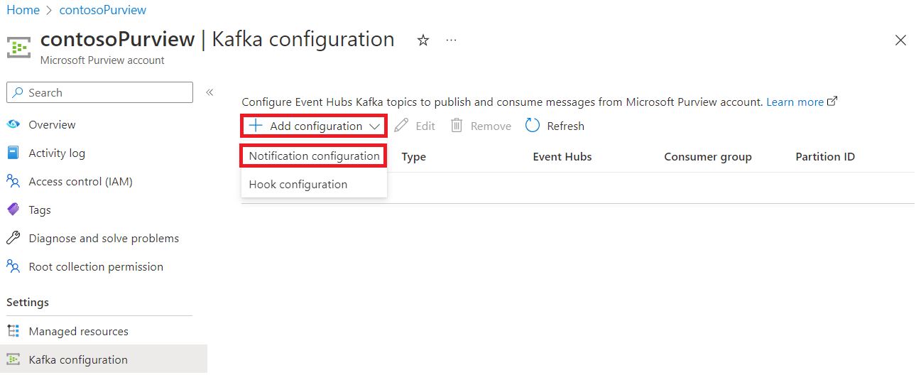 Captura de ecrã a mostrar a página de configuração do Kafka com a configuração de adição de configuração e notificação realçada.