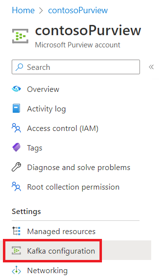 Captura de ecrã a mostrar a opção de configuração do Kafka no menu do Microsoft Purview no portal do Azure.