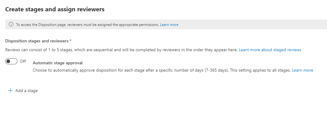 Configurações de configuração de revisão de disposição para um rótulo de retenção.