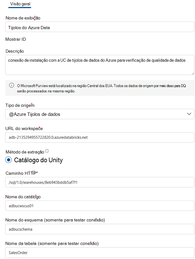 Captura de ecrã que mostra como configurar a ligação à UC do Databricks.