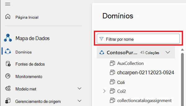 Captura de ecrã do menu de domínios com a caixa de filtro acima da lista de domínios e coleções realçada.