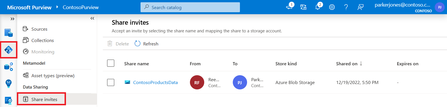 Captura de ecrã a mostrar a página Partilhar convites no portal de governação do Microsoft Purview.