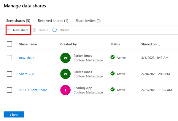 Captura de ecrã da janela de gestão Data Share com o botão Nova Partilha realçado.