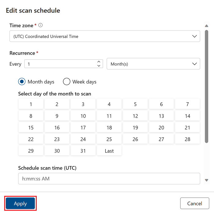 Captura de ecrã a mostrar o menu de agendamento da análise, a mostrar um calendário e uma lista pendente para selecionar as horas a executar mensalmente ou semanalmente.