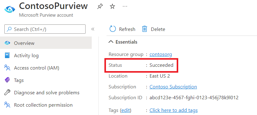 Captura de ecrã a mostrar a conta do Microsoft Purview no portal do Azure com o Estado realçado no separador descrição geral e no menu Essenciais.