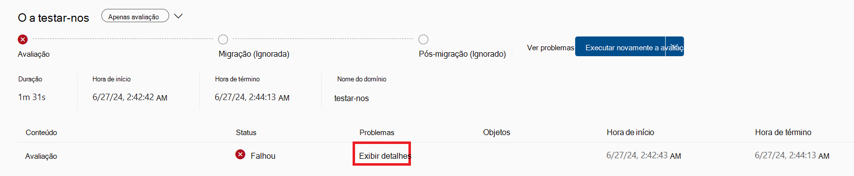 Captura de ecrã da página de intercalação da conta, com uma avaliação falhada selecionada e o botão ver detalhes realçado.