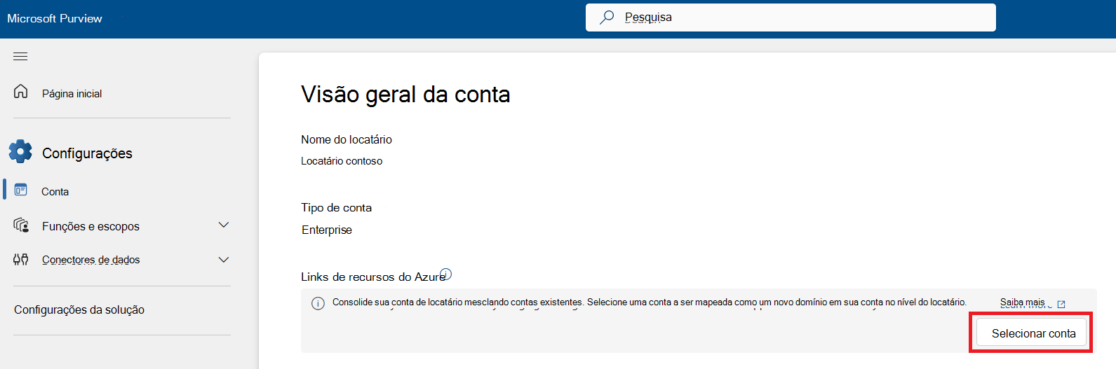 Captura de ecrã do menu intercalar conta no portal de governação do Microsoft Purview.