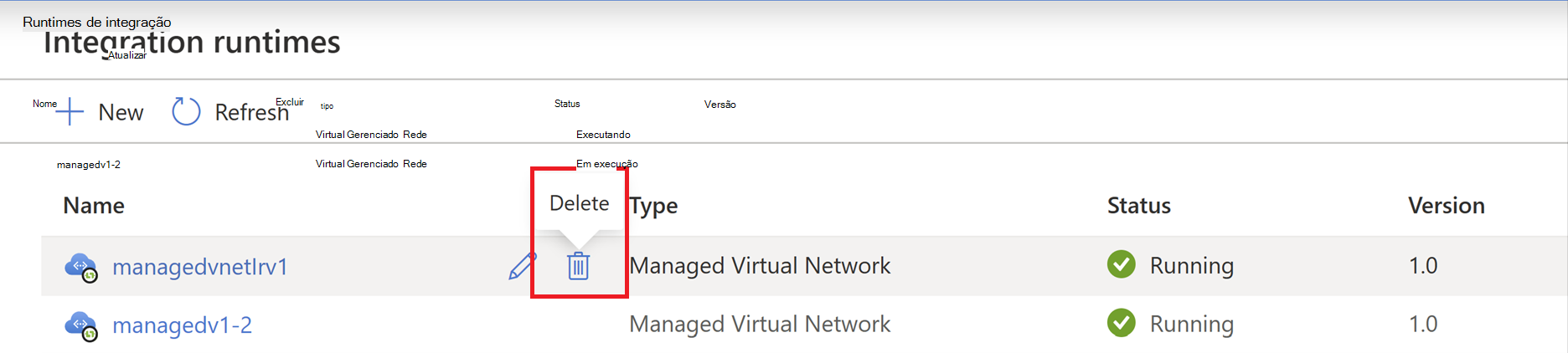 Captura de ecrã a mostrar a página do runtime de integração, com uma rede virtual gerida realçada com o botão eliminar.