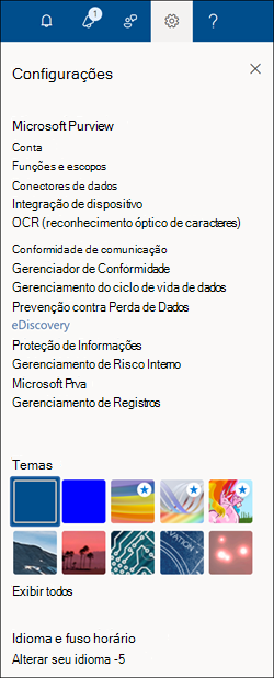 Painel de definições do portal do Microsoft Purview.