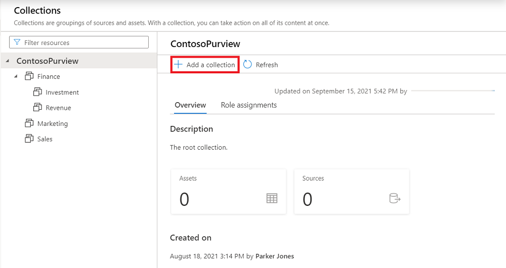 Captura de ecrã da janela do portal de governação do Microsoft Purview, aberta no Mapa de Dados, com o separador Coleções selecionado e Adicionar uma Coleção realçado.