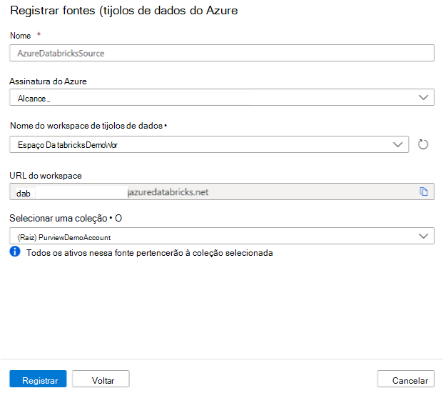 Captura de ecrã a mostrar o registo da origem do Azure Databricks.