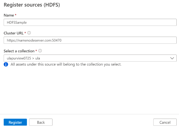 Captura de ecrã do registo de origem do HDFS no Purview.