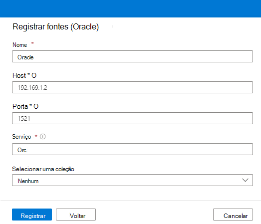 Captura de ecrã a mostrar as opções de registo de origens oracle.