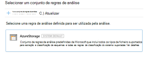 Captura de ecrã a mostrar a página selecionar um conjunto de regras de análise com o conjunto predefinido selecionado.