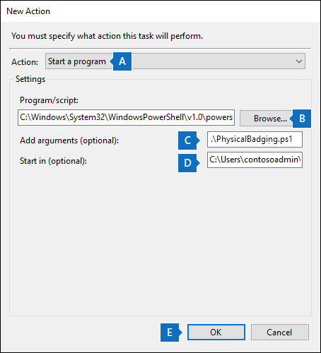 Definições de ação para criar uma nova tarefa agendada para o script do conector de badging físico.