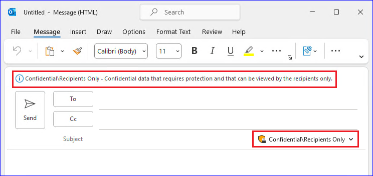 Etiqueta de confidencialidade aplicada à mensagem no Outlook.