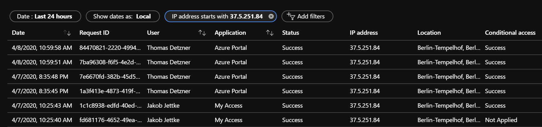 Exemplo de captura de ecrã de um endereço IP de utilizador gerido.