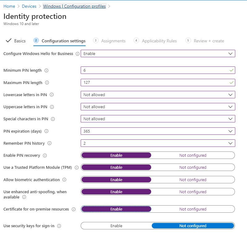 Captura de ecrã de Definições de configuração em Proteção de identidade em Perfis de configuração.