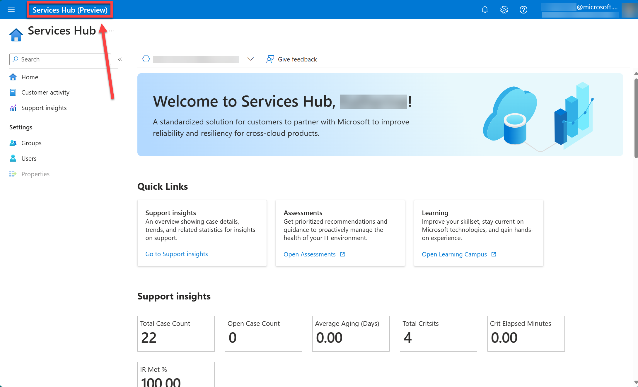 Home page do Services Hub vNext Preview.