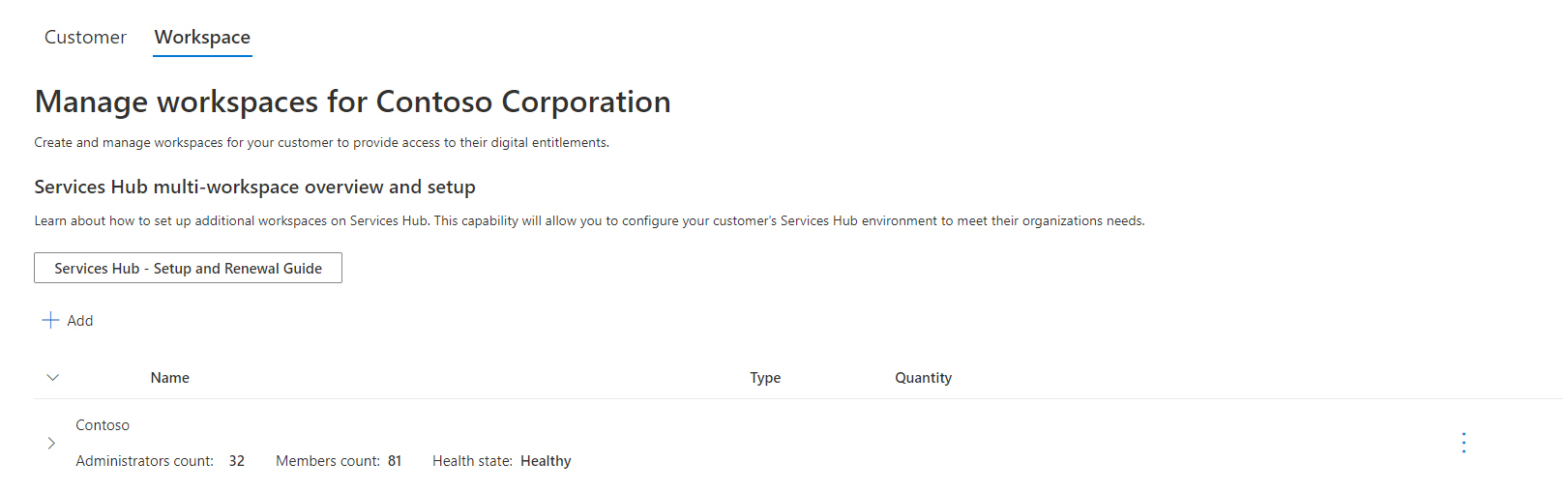 Guia Espaço de Trabalho, mostrando a seção Visão Geral de vários espaços de trabalho e instalação do Services Hub.