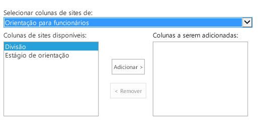 O controle de seleção de coluna do SharePoint, com Orientação do Funcionário selecionada no menu suspenso rotulado Selecionar colunas de site.