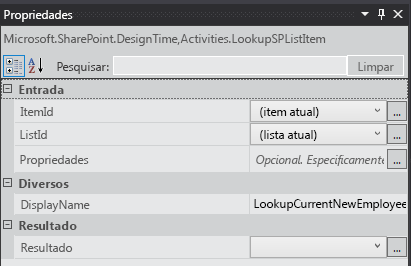 O painel Propriedades da atividade Pesquisar Item de Lista do fluxo de trabalho com as propriedades ItemID, ListID e DisplayName definidas.