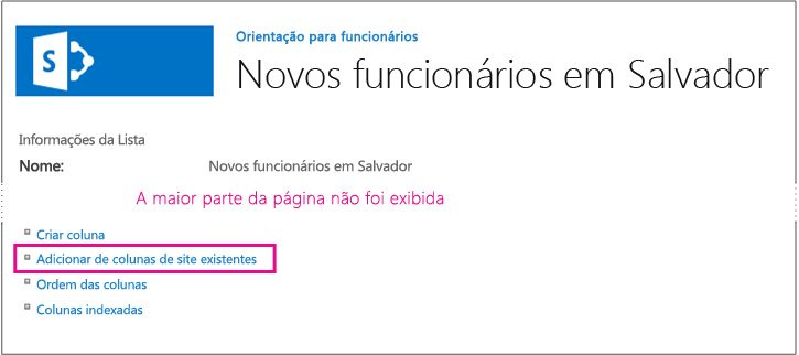 A página de configurações da instância da lista com o link Adicionar Colunas de Colunas do Site realçado.