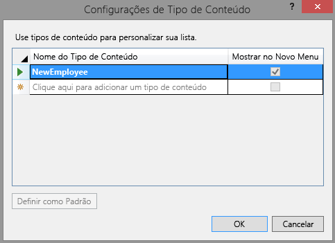 A caixa de diálogo Configurações de Tipo de Conteúdo com um único tipo de conteúdo, chamado NewEmployee, listado.