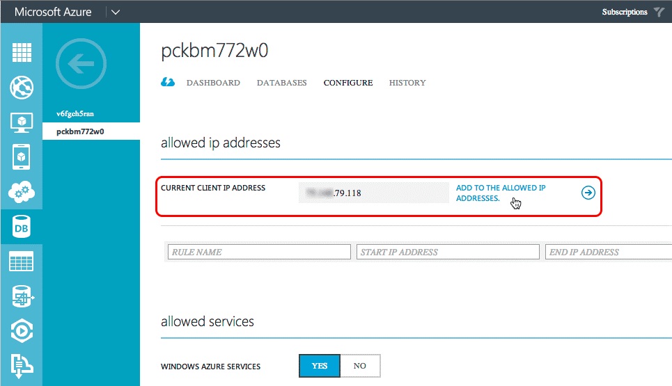 Azure SQL create firewall rule