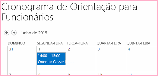 Um calendário chamado Cronograma de orientação de funcionários com um item em 1 de junho que diz 