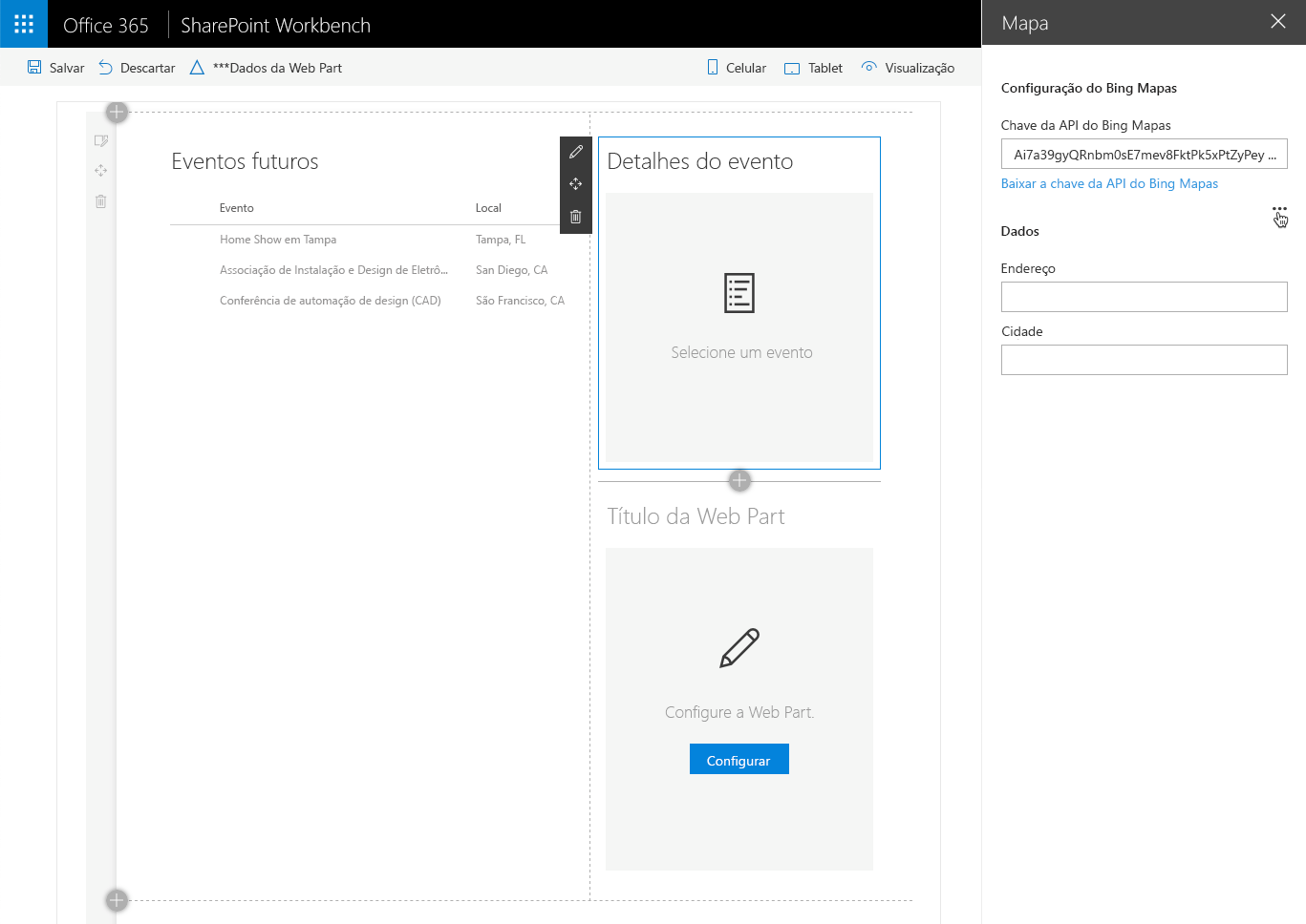 Ponteiro do mouse passando sobre as reticências no painel de propriedades da Web Part, usado para conectar uma Web Part da Estrutura do SharePoint a uma fonte de dados dinâmicos