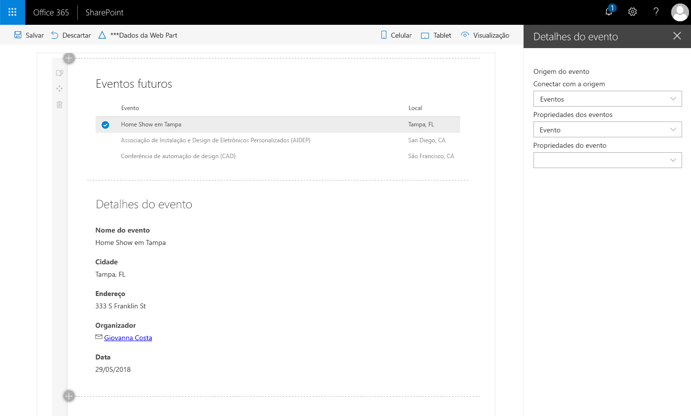 UX padrão para conectar as Web parts da Estrutura do SharePoint as fontes de dados dinâmicas disponíveis na página