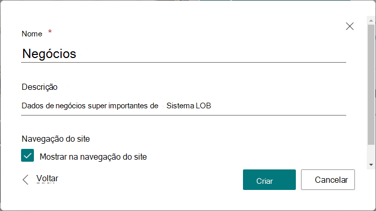 Criação de uma nova lista intitulada Pedidos