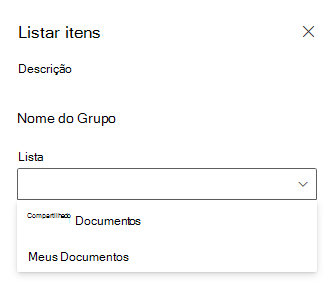 Menu suspenso de lista no painel de propriedades da Web Part mostrando as listas disponíveis