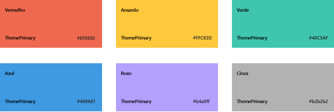 Paletas de cores de tema escuro do SharePoint, vermelho EF6950, amarelo FFC83D, verde 00b294, azul 3a96dd roxo 9c89e9, cinza b1adab 