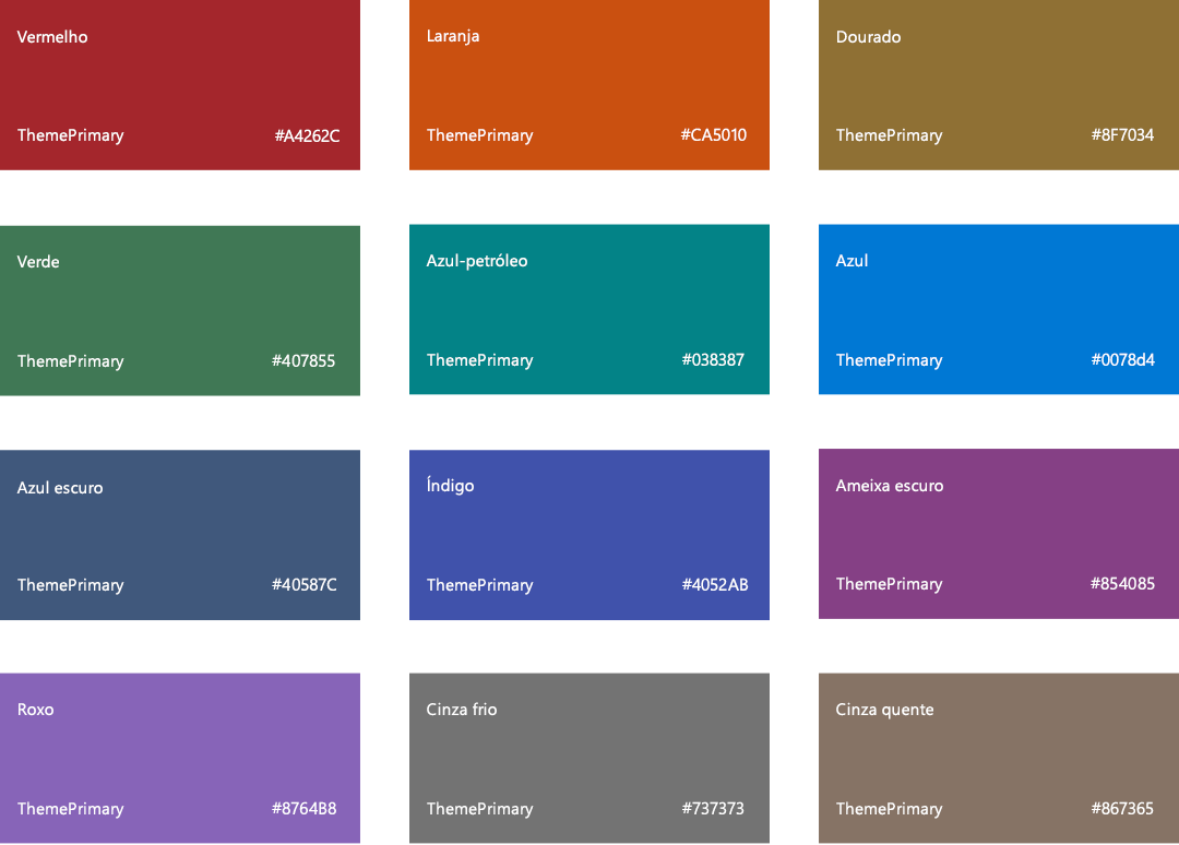 A paleta de cores do SharePoint, laranja CA5010, vermelho A4262C, ouro 986f0b, verde 498205, azul-petróleo 038387, azul 0078d4, azul escuro 004e8c, Indigo 4f6bed, Ameixa 881798, roxo 8764B8, cinza interessante 69797e, cinza quente 7a7574