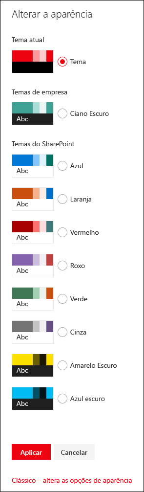 Imagem mostrando a lista de temas padrão e escuros (invertidos)