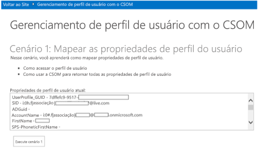 Captura de tela de dados de propriedade do perfil do usuário atual