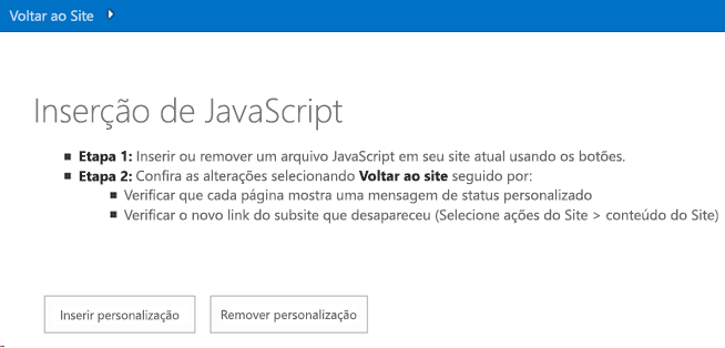 Captura de tela da Página inicial de Inserir exemplo de JavaScript