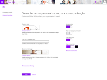 Exibe o site do Microsoft 365, mostrando a página de guia de temas personalizada, intitulada Gerenciar temas personalizados para sua organização, Personalize Office 365 para refletir a marca de sua oganização. As configurações estão disponíveis para logotipo personalizado, URL para um logotipo clicável, imagem em segundo plano, cor de destaque, cor de fundo da barra de navegação, cor de texto e ícones e cor do ícone do menu do aplicativo.