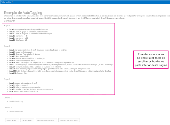 Captura de tela da página inicial do suplemento de automarcação, com três etapas de configuração em destaque.