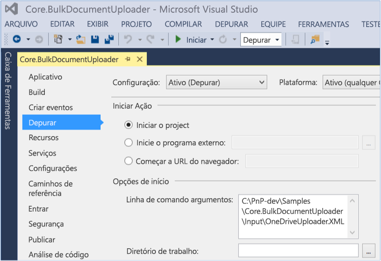 Captura de tela do painel de propriedades Core.BulkDocumentUploader com a Depuração realçada.