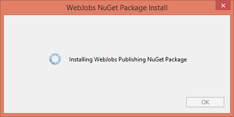 A caixa de diálogo Instalação do Pacote NuGet do WebJobs é exibida, que exibe um controle giratório e o texto, Instalando Pacote NuGet de Publicação do Webjobs.