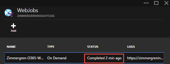 O portal do Azure mostra Zimmergren-O365-WebJobSample na lista de WebJobs com o status de, Concluído há 2 minutos.
