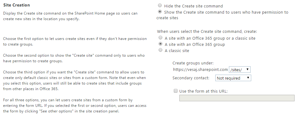 Opções de criação de site na IU de administração do SharePoint Online